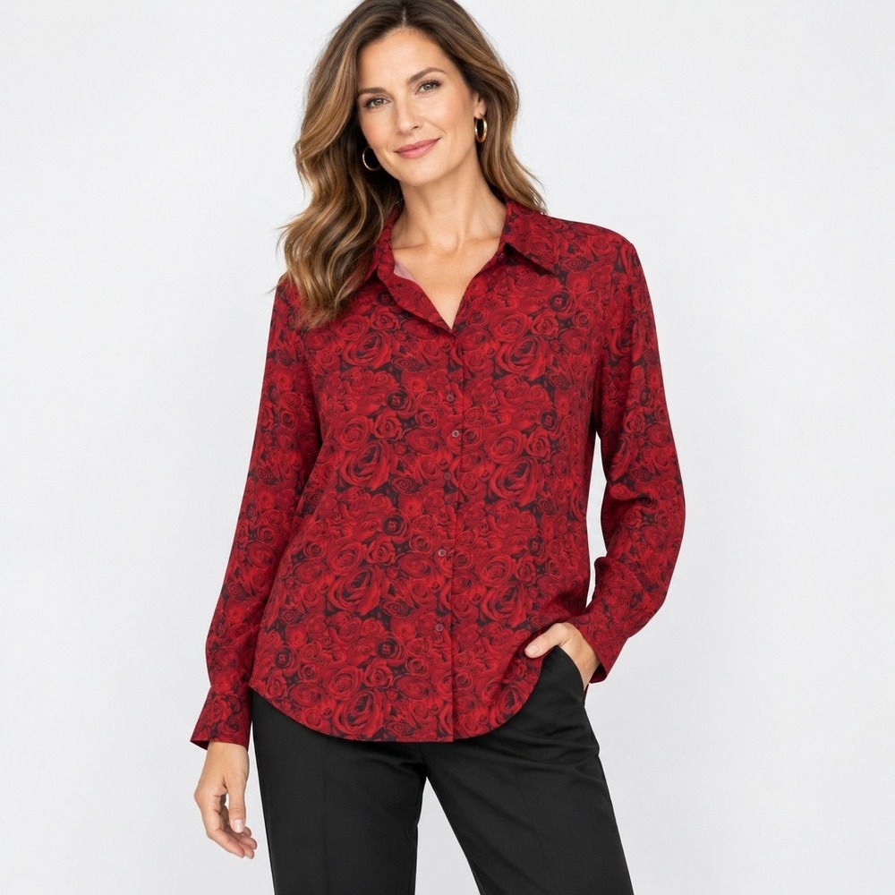 Style & Co 100% Silk Floral Button Up Shirt Womens 8 Red Rosette Blouse Classic